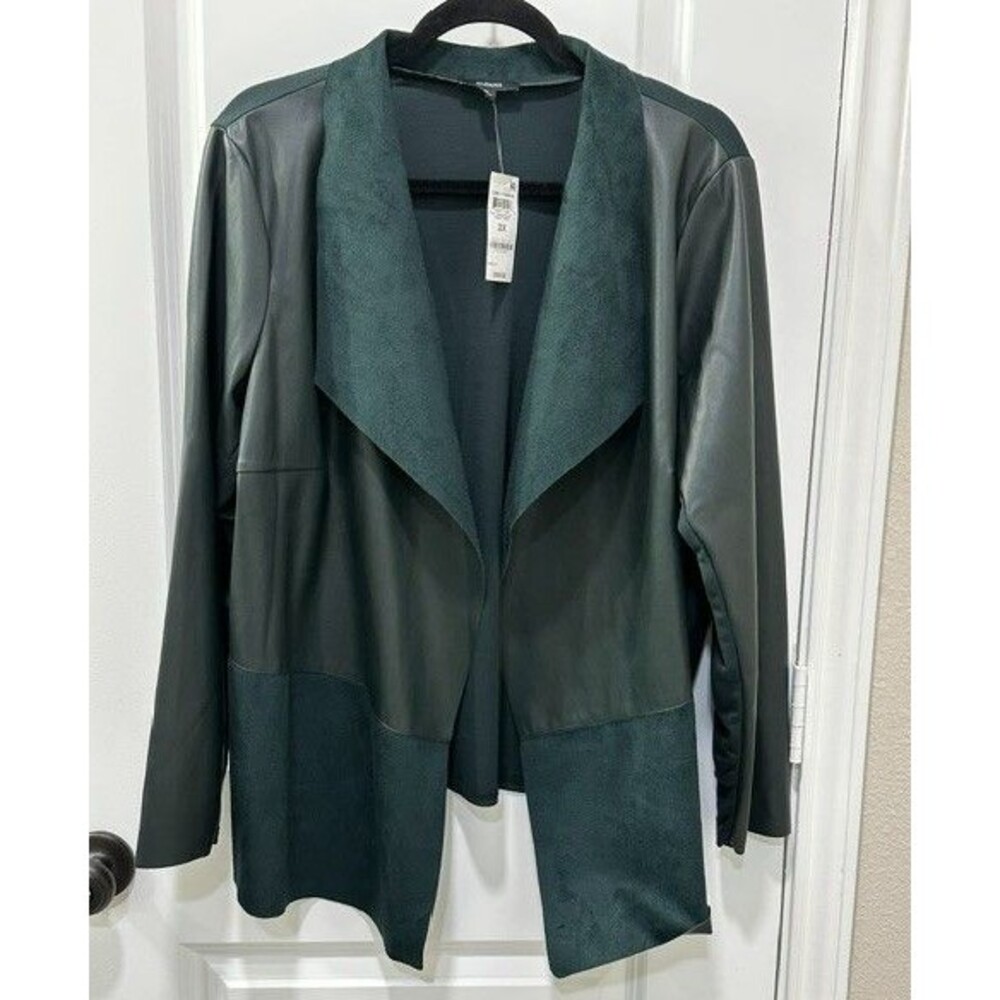 NWT Alfani Womens 2X Faux Leather Suede Draped Open Front Jacket Green Plus Size